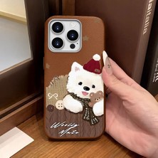 Ucuc iPhone 14 Pro Max Uyumlu Kahverengi Deri Dokulu Silikon Kamerayı Korur Şok Emici Sevimli Köpek Deseni Kılıf