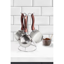 PremiumPort Bakalit Kulplu Standlı Kahverengi Cezve Takımı, Şık ve Dayanıklı Tasarım