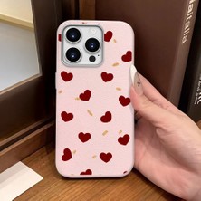 Ucuc iPhone 15 Pro Uyumlu Pembe Deri Dokulu Silikon Kamerayı Korur Şok Emici Kılıf Kalp Deseni