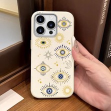 Ucuc iPhone 16 Pro Uyumlu Beyaz Deri Dokulu Silikon Kamerayı Korur Şok Emici Nazar Boncuğu Kılıf