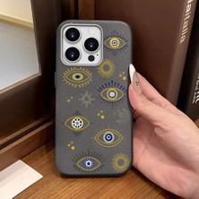 Ucuc iPhone 16 Pro Uyumlu Gri Deri Dokulu Silikon Kamerayı Korur Şok Emici Nazar Boncuğu Kılıf