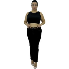 Carmito Büyük Beden Kadın Yüksek Bel Denim Kemerli Boru Paça Pantolon