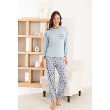 Pijamoni Kadın Milan Kumaş Bisiklet Yaka Mavi Pijama Takımı