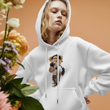 Teddy Ayıcık Baskılı Unisex Standart Fit Kapüşonlu Şardonlu Pamuklu Sweatshirt