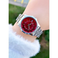 Weluxa Gümüş Renk Bordo Kadran Takvimli Kadın Kol Saati + Saat Kutusu