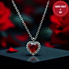 Muun Store Kırmızı Zirkon Taşlı Kalp Kolye – Gümüş Renk Zincir Detaylı, Sevgililer Günü Hediyesi Şık Takı