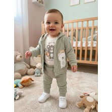 Lika&Nika Erkek Bebek %100 Pamuklu Kapşonlu Hırka Body ve Pantolon 3'lü Takım Ayıcık Baskılı