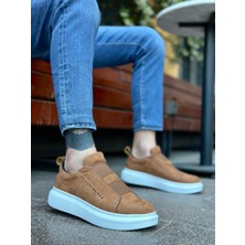 Beskar Signature BA0307  Kalın Süet Yüksek Taban Çift Bant Taba Beyaz Erkek Ayakkabı