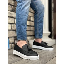 Beskar Signature BA0154  Bağcıksız Yüksek Taban Cilt Siyah Renk Beyaz Taban Püsküllü Erkek Ayakkabı