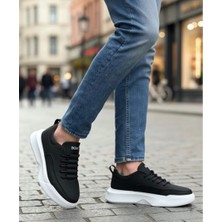 Beskar Signature BA0332 Merdiven Desen Bağcıklı Erkek Yüksek Taban Siyah Cilt Beyaz Taban Spor Ayakkabı