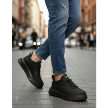 Beskar Signature BA0332 Merdiven Desen Bağcıklı Erkek Yüksek Taban Siyah Cilt Siyah Taban Spor Ayakkabı