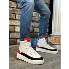 Beskar Signature BA0811  Yüksek Taban Beyaz Paraşüt Kumaş Kırmızı Cilt Detaylı Erkek Ayakkabı