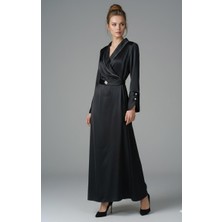 Kadın Siyah Saten Uzun Elbise – Kruvaze Yaka, Kemerli, Şık  Taşlı Abiye Elbise