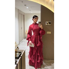 Klex Yüksek Yaka Şifon Uzun Abiye Elbise – Fırfırlı Dökümlü Kuşaklı Model