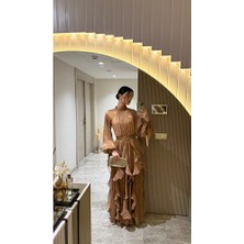 Klex Yüksek Yaka Şifon Uzun Abiye Elbise – Fırfırlı Dökümlü Kuşaklı Model