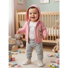 Kız Bebek Ayıcık Baskılı %100 Pamuklu Hırka Body ve Pantolon 3'lü Takım