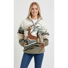 Sibel Günay Butik Kahverengi Geyik Desenli Yarım Fermuarlı Kadın Polar Sweatshirt