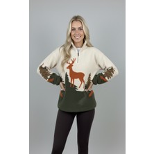 Sibel Günay Butik Kiremit Geyik Desenli Yarım Fermuarlı Kadın Polar Sweatshirt