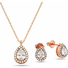 Gümüş Elmas Montür Set Baget Kadın Gümüş Kolye Küpe Set