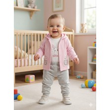 Lika&Nika Kız Bebek %100 Pamuklu Kapşonlu Hırka Body ve Pantolon 3'lü Takım  Tavşan Baskılı