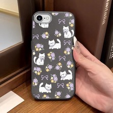 Ucuc iPhone 7/8/se 2020 2022 Uyumlu Gri Deri Dokulu Silikon Kamerayı Korur Şok Emici Kılıf Çiçek ve Kedi Deseni