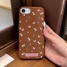 Ucuc iPhone 7/8/se 2020 2022 Uyumlu Kahverengi Deri Dokulu Silikon Kamerayı Korur Şok Emici Lale ve Kelebek Deseni Kılıfı
