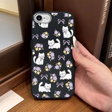 Ucuc iPhone 7/8/se 2020 2022 Uyumlu Siyah Deri Dokulu Silikon Kamerayı Korur Şok Emici Kılıf Çiçek ve Kedi Deseni