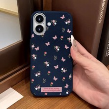 Ucuc iPhone 16 Uyumlu Mavi Deri Dokulu Silikon Kamerayı Korur Şok Emici Lale ve Kelebek Deseni Kılıfı