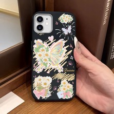 Ucuc iPhone 12/12 Pro Uyumlu Siyah Deri Dokulu Silikon Kamerayı Korur Şok Emici Kelebek Desenli Telefon Kılıfı