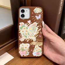Ucuc iPhone 12/12 Pro Uyumlu Kahverengi Deri Dokulu Silikon Kamerayı Korur Şok Emici Kelebek Desenli Telefon Kılıfı