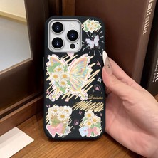 Ucuc iPhone 14 Pro Uyumlu Siyah Deri Dokulu Silikon Kamerayı Korur Şok Emici Kelebek Desenli Telefon Kılıfı