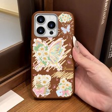 Ucuc iPhone 14 Pro Uyumlu Kahverengi Deri Dokulu Silikon Kamerayı Korur Şok Emici Kelebek Desenli Telefon Kılıfı
