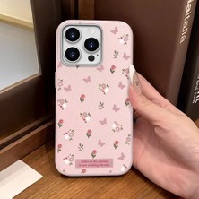 Ucuc iPhone 16 Pro Uyumlu Pembe Deri Dokulu Silikon Kamerayı Korur Şok Emici Lale ve Kelebek Deseni Kılıfı