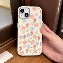 Ucuc iPhone 14 Plus/15 Plus Uyumlu Beyaz Deri Dokulu Silikon Kamerayı Korur Şok Emici Lale Deseni Kılıf