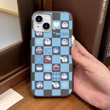 Ucuc iPhone 15 Uyumlu Gri Deri Dokulu Silikon Kamerayı Korur Şok Emici Doraemon Deseni Kılıf