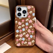 Ucuc iPhone 15 Pro Uyumlu Kahverengi Deri Dokulu Silikon Kamerayı Korur Şok Emici Lale Deseni Kılıf