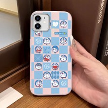 Ucuc iPhone 12/12 Pro Uyumlu Pembe Deri Dokulu Silikon Kamerayı Korur Şok Emici Doraemon Deseni Kılıf