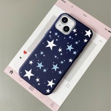 Ucuc iPhone 14 Plus/15 Plus Uyumlu Mavi Deri Dokulu Silikon Kamerayı Korur Şok Emici Beşgen Yıldız Deseni Kılıf