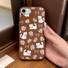 Ucuc iPhone 7/8/se 2020 2022 Uyumlu Kahverengi Deri Dokulu Silikon Kamerayı Korur Şok Emici Kılıf Çiçek ve Kedi Deseni