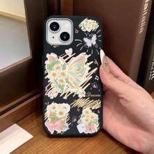 Ucuc iPhone 14 Plus/15 Plus Uyumlu Siyah Deri Dokulu Silikon Kamerayı Korur Şok Emici Kelebek Desenli Telefon Kılıfı