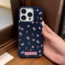 Ucuc iPhone 14 Pro Max Uyumlu Mavi Deri Dokulu Silikon Kamerayı Korur Şok Emici Lale ve Kelebek Deseni Kılıfı
