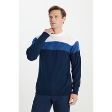 Standart Fit Normal Kesim Bisiklet Yaka Colorblock Desenli Triko Kazak