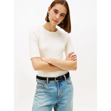 Tommy Hilfiger Slım 5x2 Rıb C-Nk 1/2 Slv Kadın Bej T-Shirt - WW0WW47308