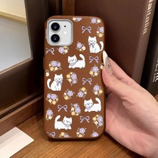 Ucuc iPhone 12/12 Pro Uyumlu Kahverengi Deri Dokulu Silikon Kamerayı Korur Şok Emici Kılıf Çiçek ve Kedi Deseni