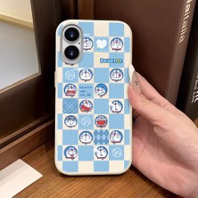 Ucuc iPhone 16 Uyumlu Beyaz Deri Dokulu Silikon Kamerayı Korur Şok Emici Doraemon Deseni Kılıf