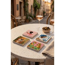 Baum Atelier Köpek Pop Art Dog Illustration Doğal Taş Traverten Bardak Altlığı Stone Coasters 4 Lü Set