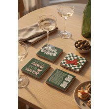 Baum Atelier Chaos, Good Vibes And Love Temalı Doğal Taş Traverten Bardak Altlığı Stone Coasters 4 Lü Set