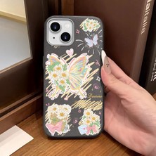 Ucuc iPhone 13/14 Uyumlu Gri Deri Dokulu Silikon Kamerayı Korur Şok Emici Kelebek Desenli Telefon Kılıfı