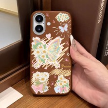 Ucuc iPhone 16 Uyumlu Kahverengi Deri Dokulu Silikon Kamerayı Korur Şok Emici Kelebek Desenli Telefon Kılıfı