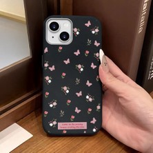 Ucuc iPhone 14 Plus/15 Plus Uyumlu Siyah Deri Dokulu Silikon Kamerayı Korur Şok Emici Lale ve Kelebek Deseni Kılıfı